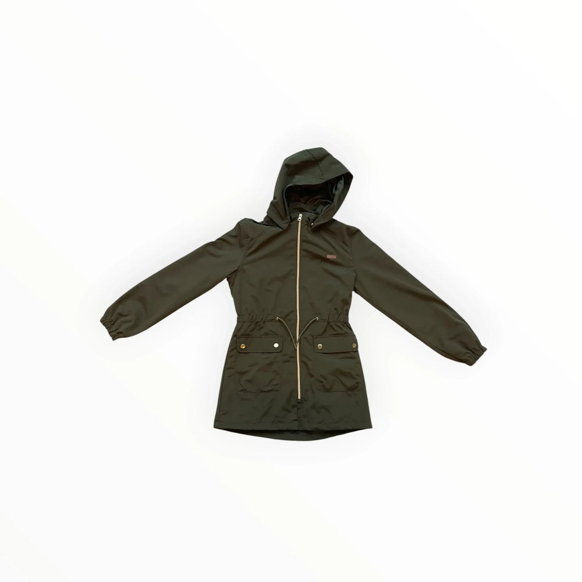 Pierrot Outlet olijfgroene dames regenjas met capuchon, taillekoord en zakken met drukknoopsluiting