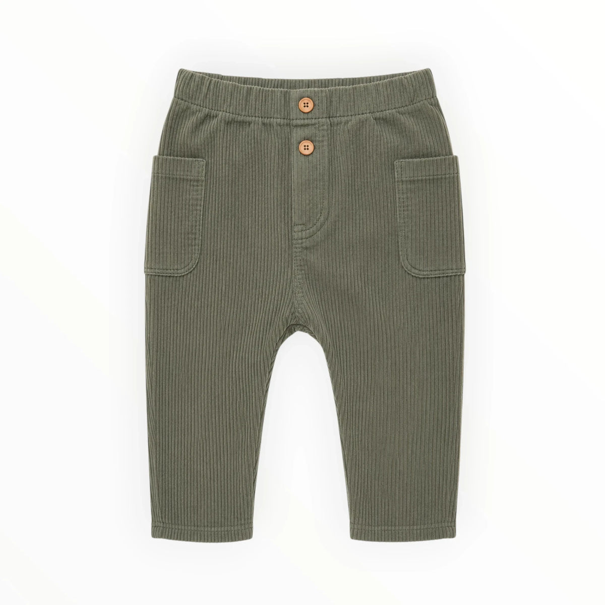 Pierrot Outlet olijfgroene geribbelde babybroek met elastische tailleband, opgestikte zakken en houten knoopjes.