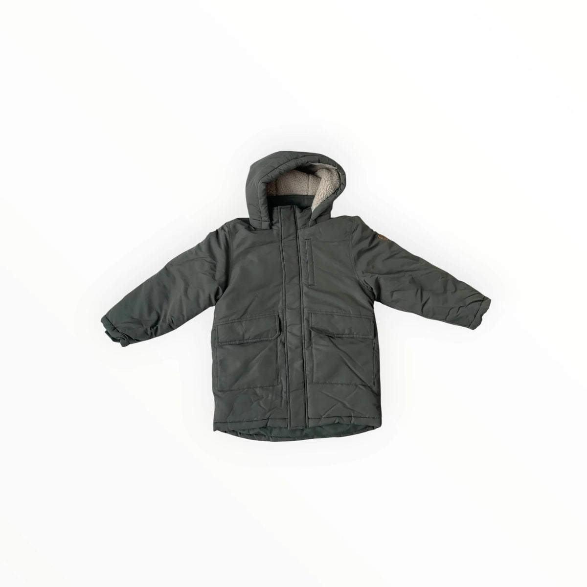 Pierrot Outlet olijfgroene gewatteerde winterjas voor kinderen met teddyvoering en afneembare capuchon