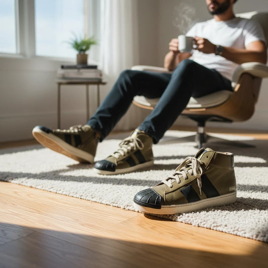 Pierrot Outlet olijfgroene high-top sneakers met zwarte neuskap en vetersluiting gedragen door een zittende man