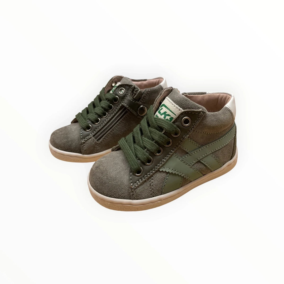 Pierrot Outlet olijfgroene suède kindersneakers met veters en ritssluiting voor een comfortabele pasvorm