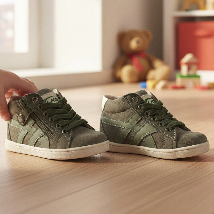 Pierrot Outlet olijfgroene suède kindersneakers met veters en rits, geplaatst op een houten vloer in een kinderkamer.