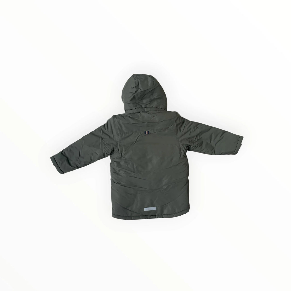 Pierrot Outlet olijfgroene gewatteerde winterjas voor kinderen met afneembare capuchon en reflecterend detail