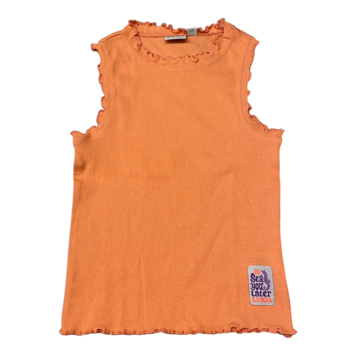 Pierrot Outlet oranje geribde tanktop met ruches en 'Sea you later' logo