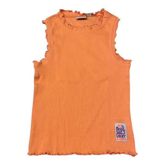 Pierrot Outlet oranje geribde tanktop met ruches en 'Sea you later' logo