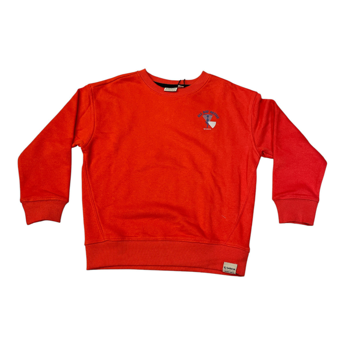 Pierrot Outlet oranje katoenen sweatshirt met fietsprint en tekst 'ALL DAY ACTIVE' op de rug voor kinderen.
