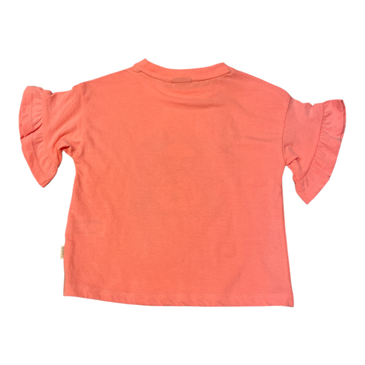 Pierrot Outlet oranje katoenen T-shirt met ruches aan de korte pofmouwen en tekstprint.
