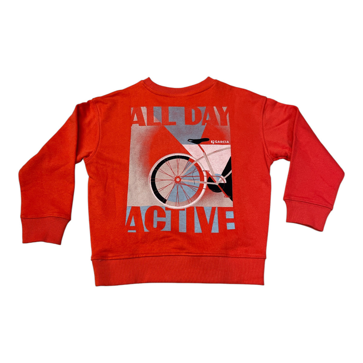 Pierrot Outlet oranje katoenen sweatshirt voor kinderen met fietsprint en tekst "ALL DAY ACTIVE".