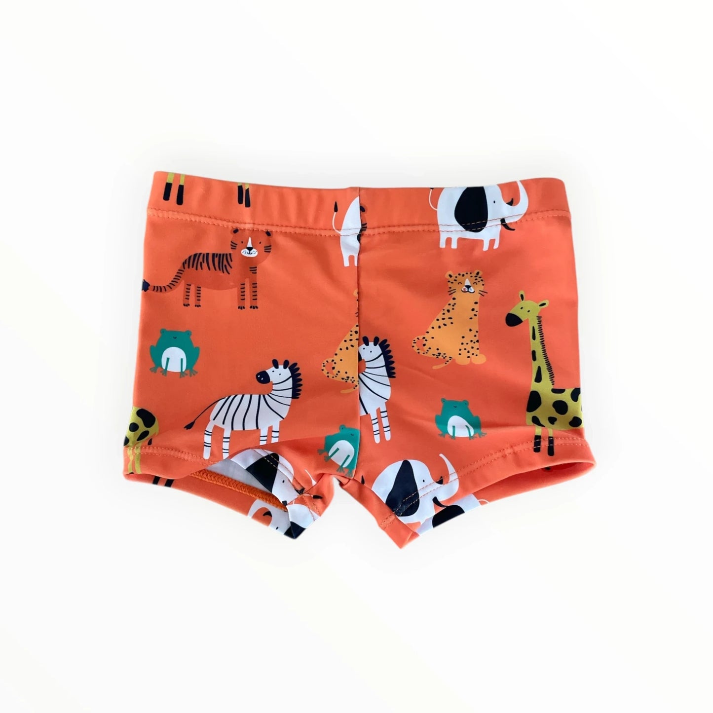 Pierrot Outlet oranje zwembroek voor kinderen met vrolijke dierenprint van tijgers, zebra's en giraffen.