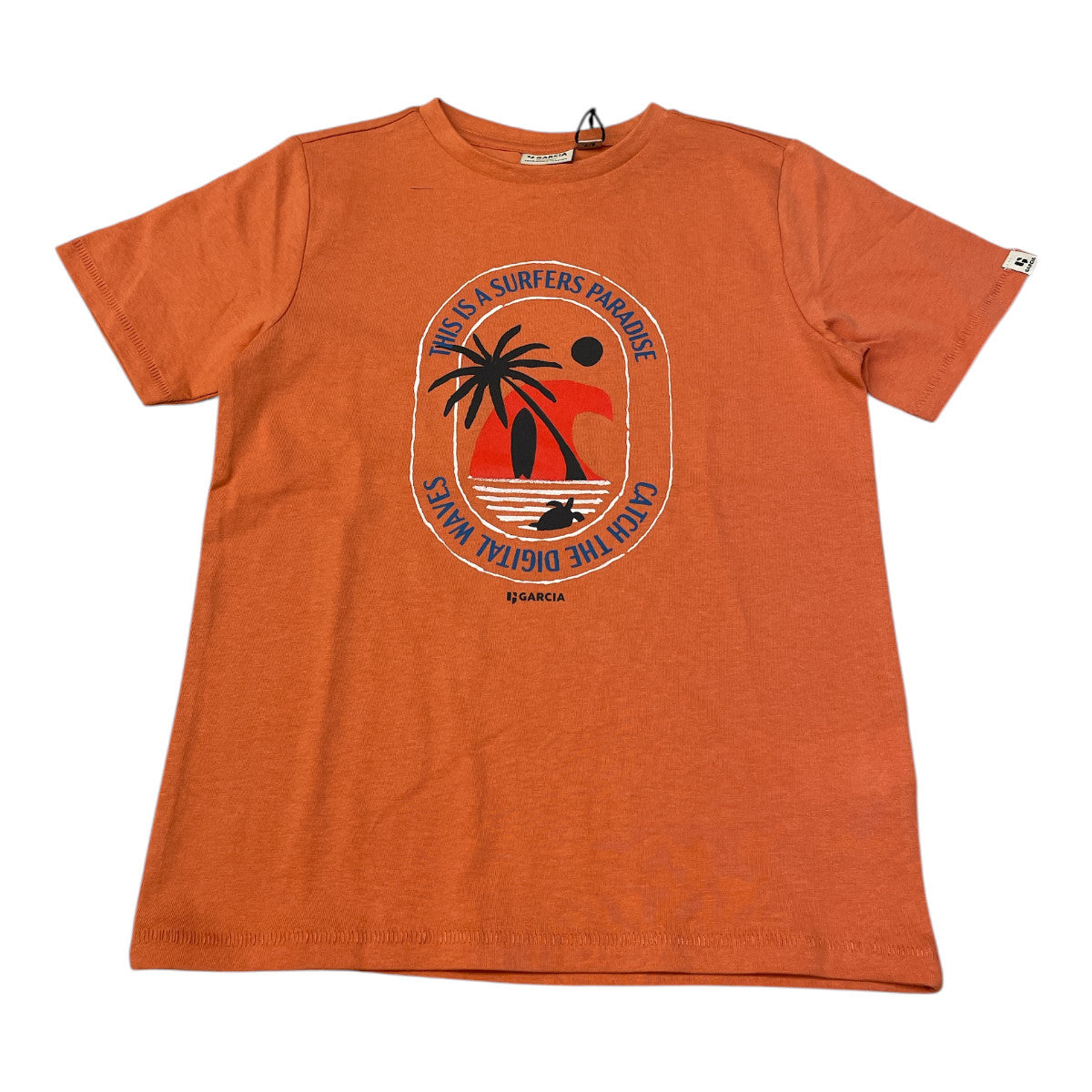 Pierrot Outlet oranje katoenen T-shirt voor jongens met palmboom, golven en surfprint. Ronde hals, korte mouwen.