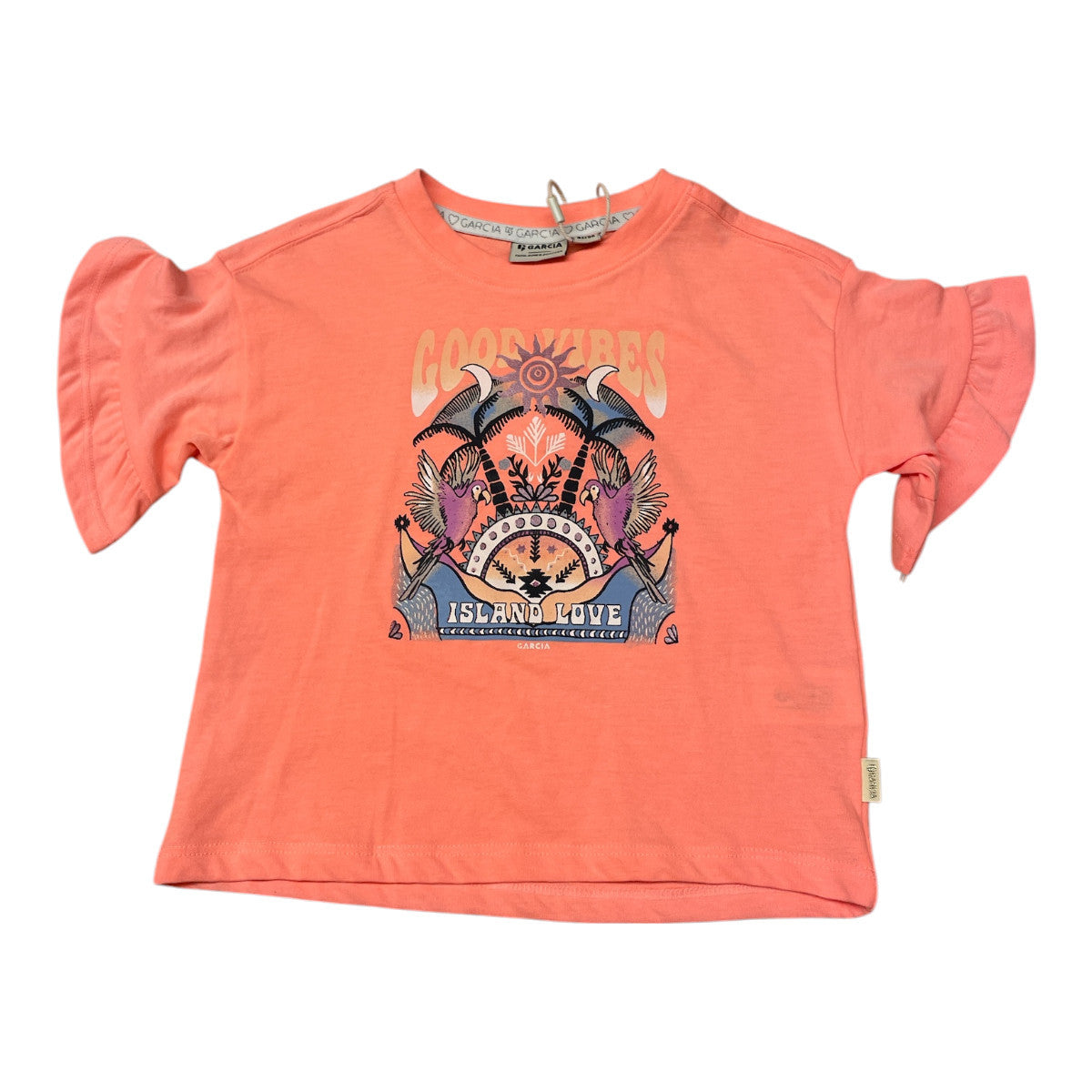 Pierrot Outlet oranje katoenen T-shirt met korte pofmouwen, 'Good Vibes' print en tropische elementen.