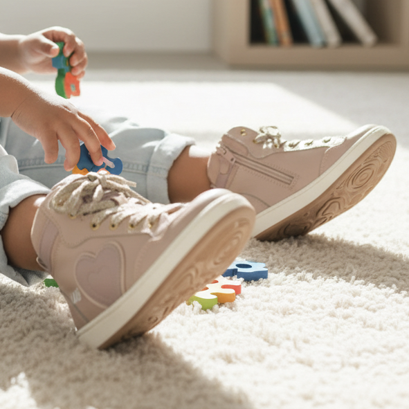 Pierrot Outlet oudroze hoge sneakers met hartdetail en veters gedragen door een kind dat op een tapijt speelt