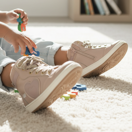 Pierrot Outlet oudroze hoge sneakers met hartdetail en veters gedragen door een kind dat op een tapijt speelt