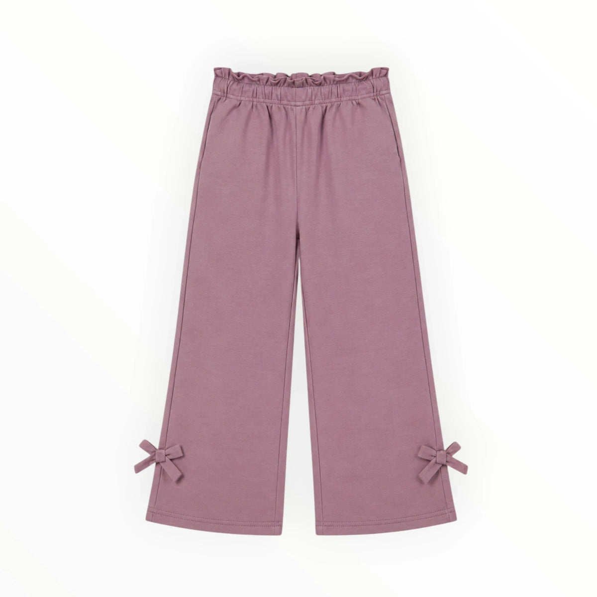 Pierrot Outlet oudroze kinderbroek met wijde pijpen, elastische tailleband met ruches en strikjes onderaan