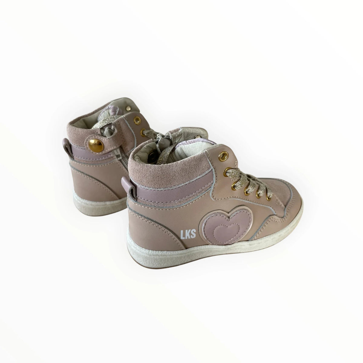 Pierrot Outlet oudroze meisjes sneakers met hartvormig detail, vetersluiting en ritssluiting in suède-look
