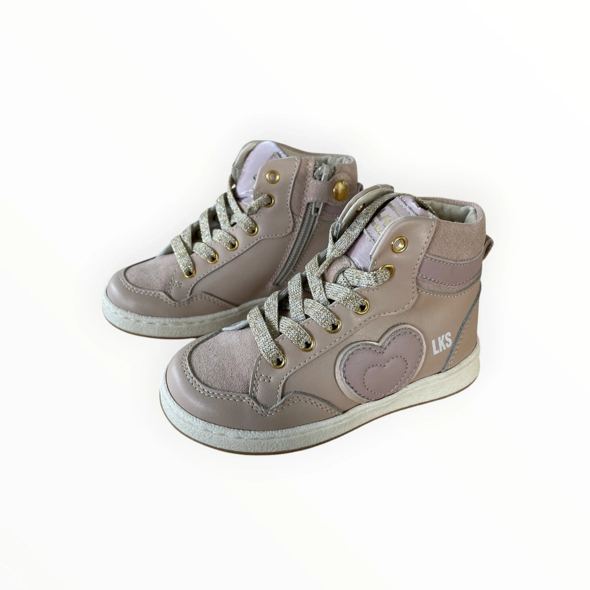 Pierrot Outlet oudroze hoge meisjes sneakers met hartvormig detail, glinsterende veters en handige ritssluiting.