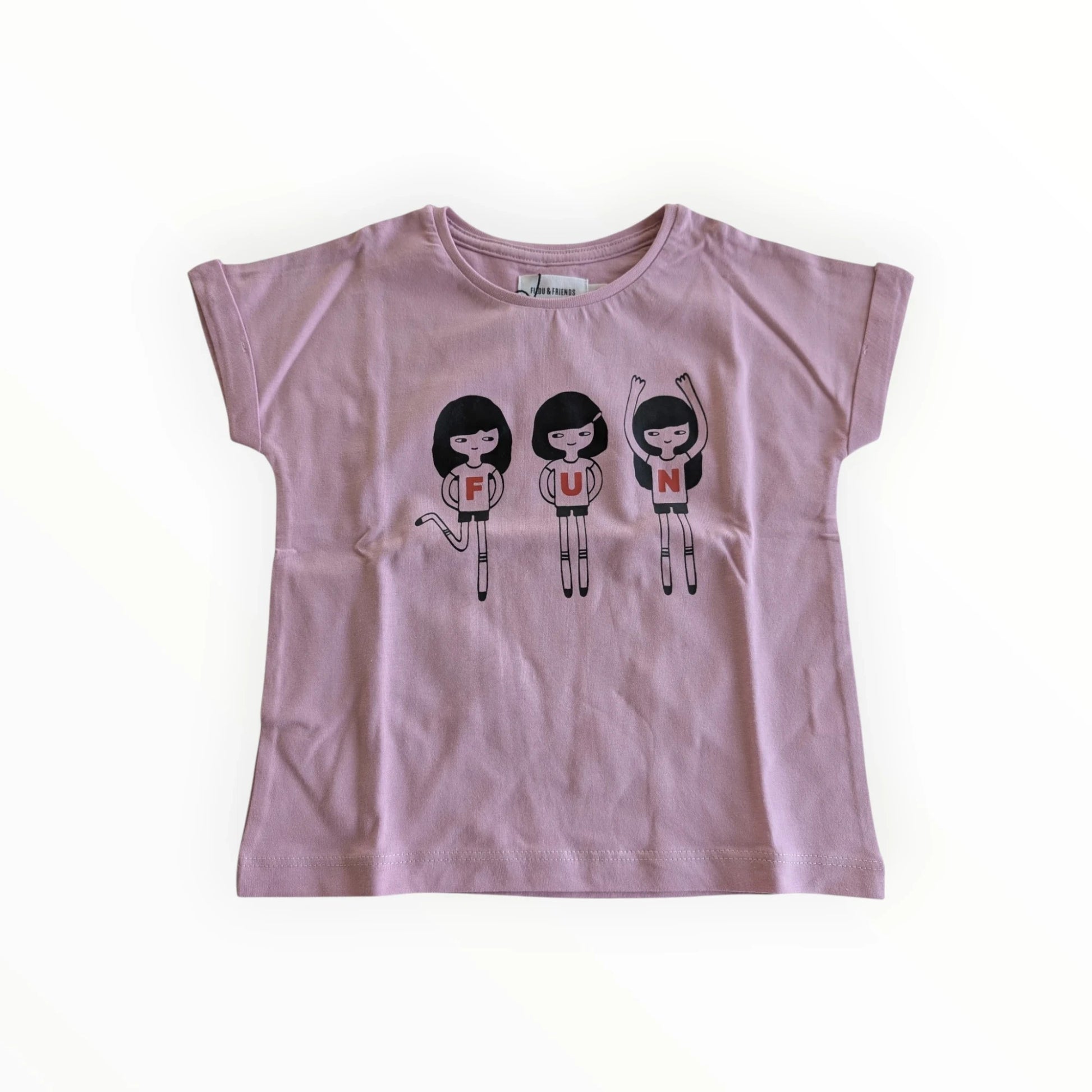 Pierrot Outlet paars katoenen T-shirt met korte mouwen en 'FUN' print van drie poppetjes.
