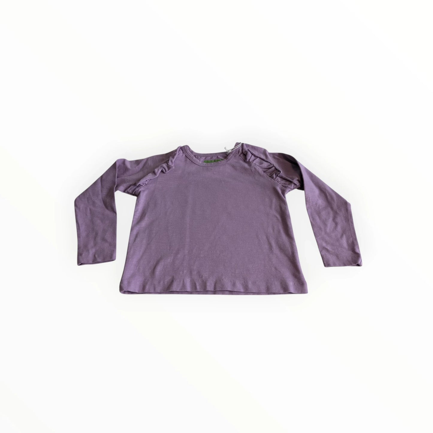 Pierrot Outlet paars shirt met lange mouwen en ruches op de schouders, gemaakt van zachte stof.