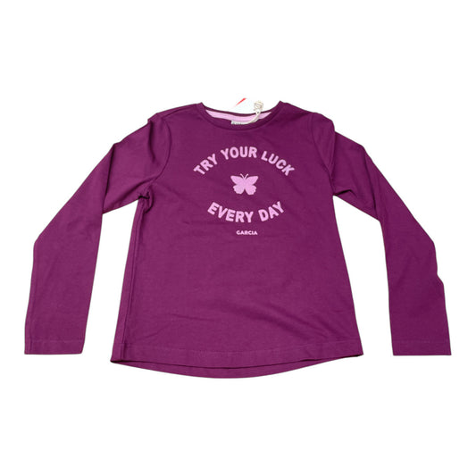 Pierrot Outlet paars katoenen T-shirt met lange mouwen voor meisjes met opdruk 'TRY YOUR LUCK EVERY DAY' en vlinder.