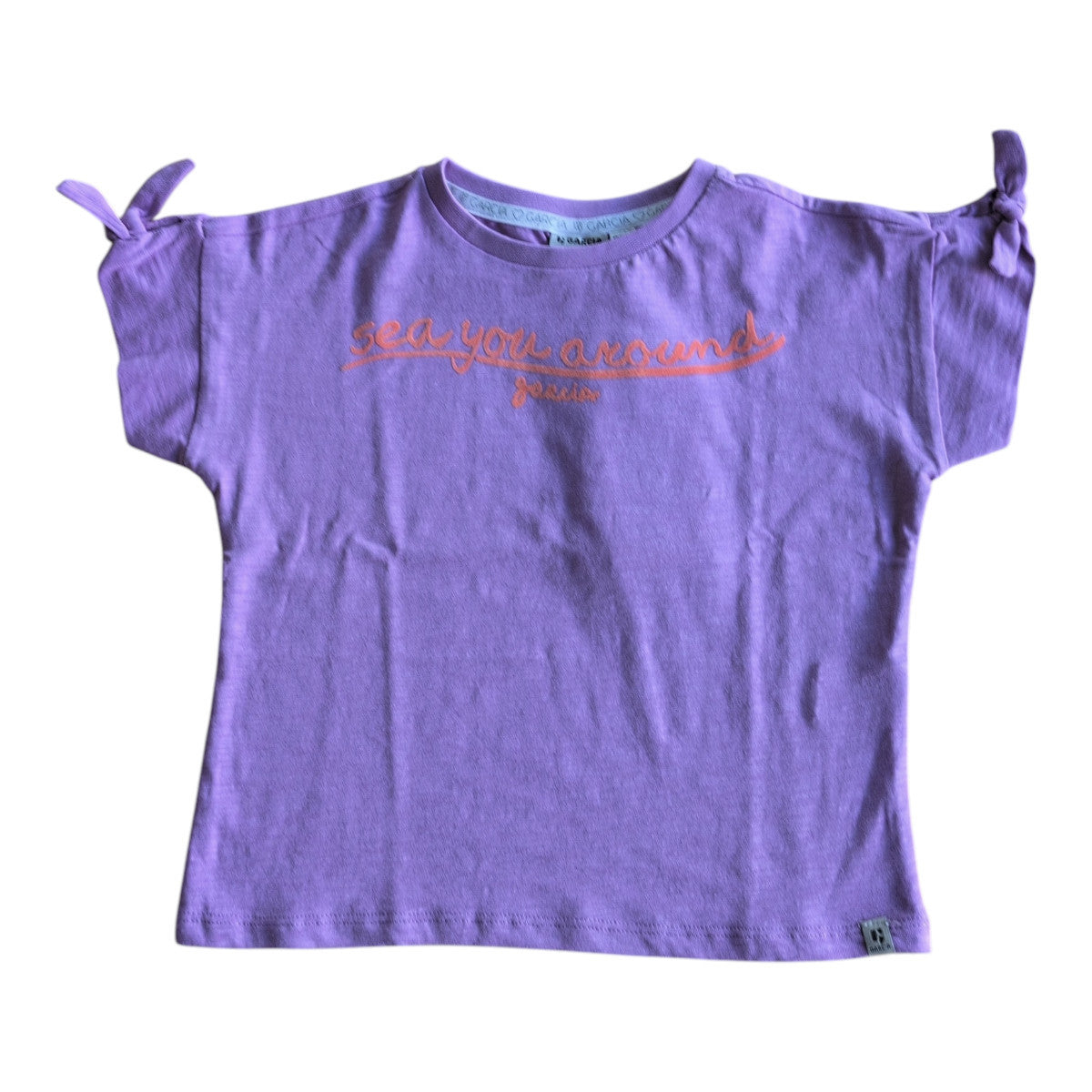 Pierrot Outlet paars katoenen T-shirt met strikdetails op de mouwen en tekstprint
