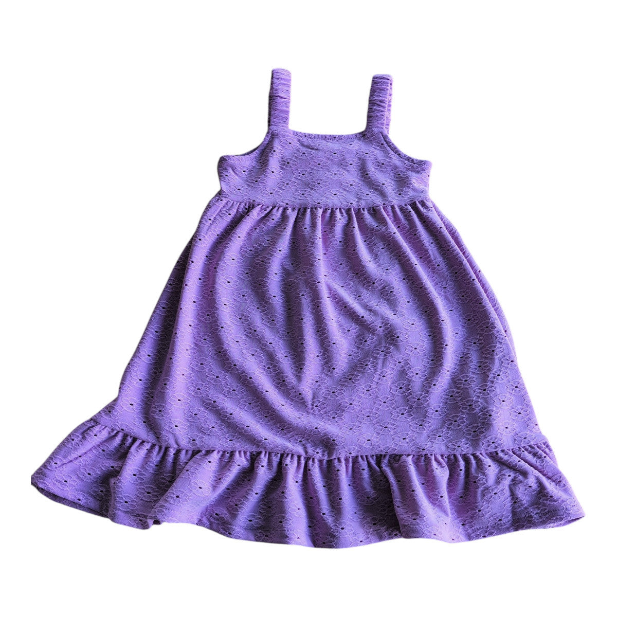 Pierrot Outlet paars zomerjurkje met ruches en bandjes, bloemenprint, elastische taille, perfect voor warme dagen.
