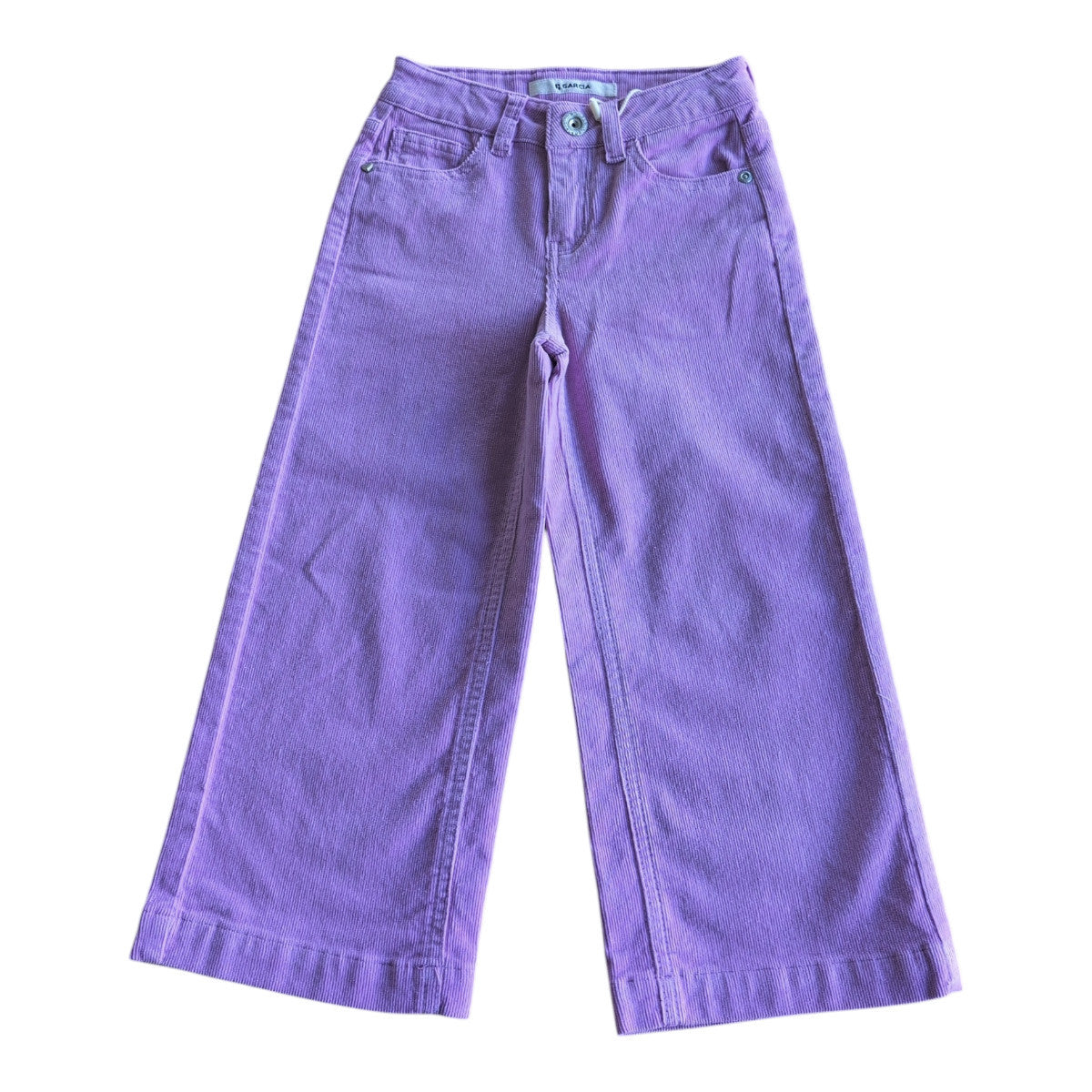 Pierrot Outlet paarse corduroy wijde broek voor kinderen met vijf zakken en knoop- en ritssluiting.