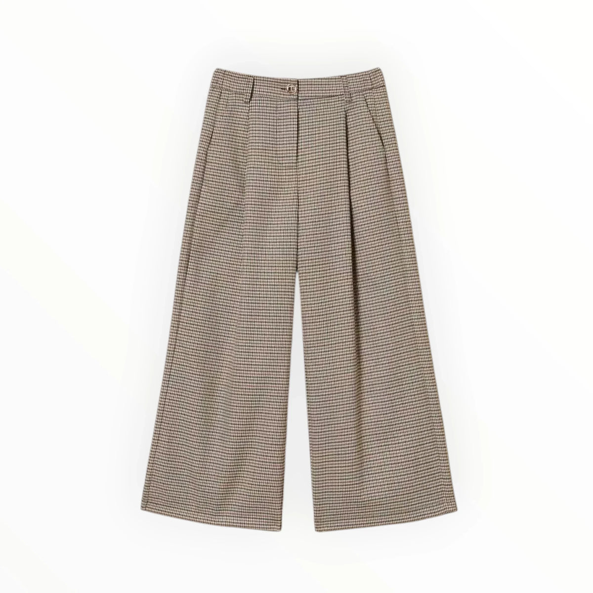 Pierrot Outlet pantalon met wijde pijpen in bruin en beige pied-de-poule patroon met plooien en steekzakken