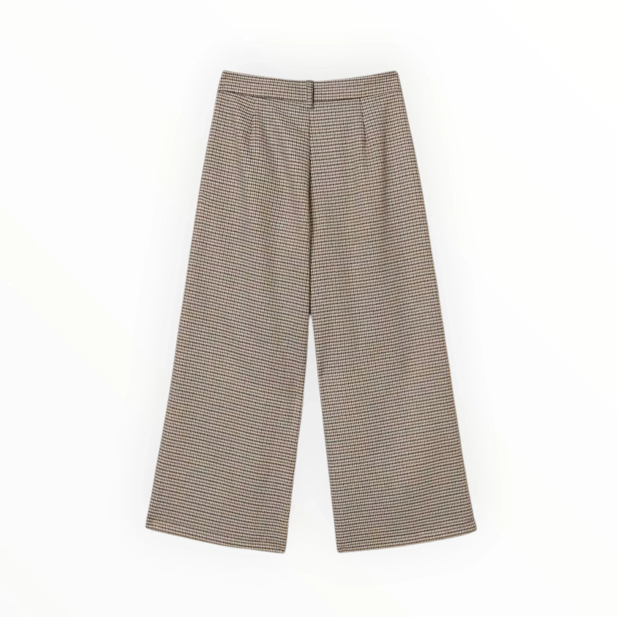 Pierrot Outlet pantalon met wijde pijpen in bruin en beige pied-de-poule patroon met elegante plooien