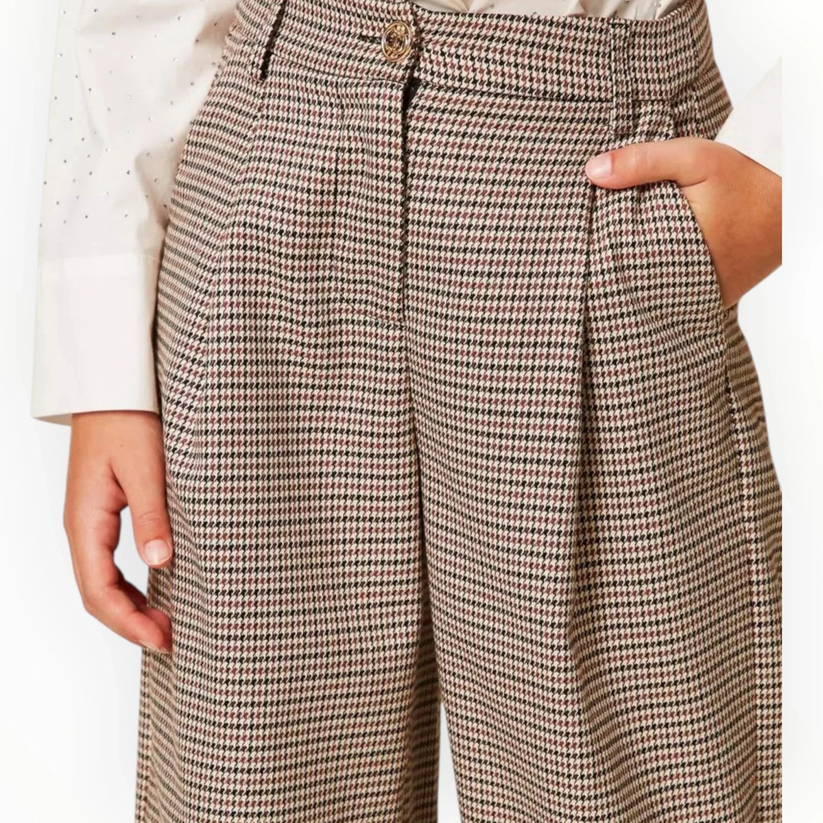 Pierrot Outlet pantalon met wijde pijpen in bruin en beige pied-de-poule patroon met plooien en steekzakken