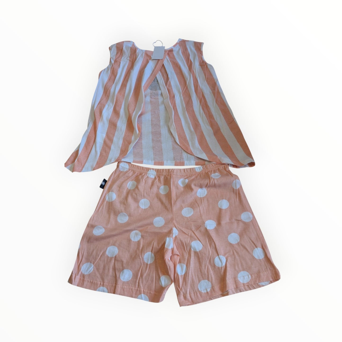 Pierrot Outlet dames pyjamaset met perzikkleurig gestreept mouwloos topje met open rug en short met stippenprint