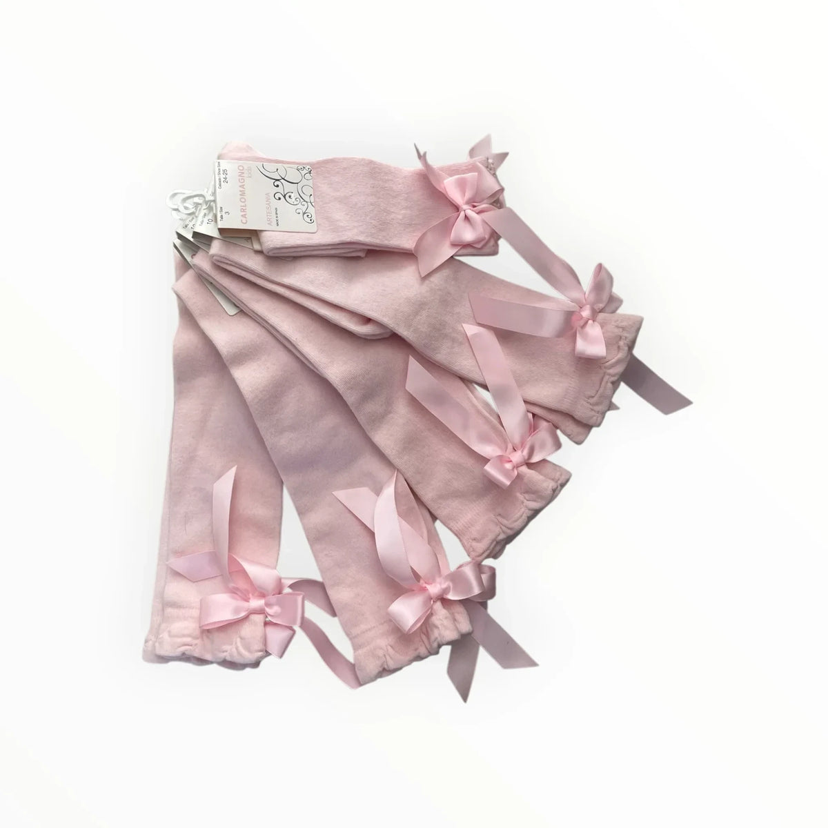 Pierrot Outlet pale pink knee high socks with satin ribbon bows, crafted from soft cotton for a classic elegant look.