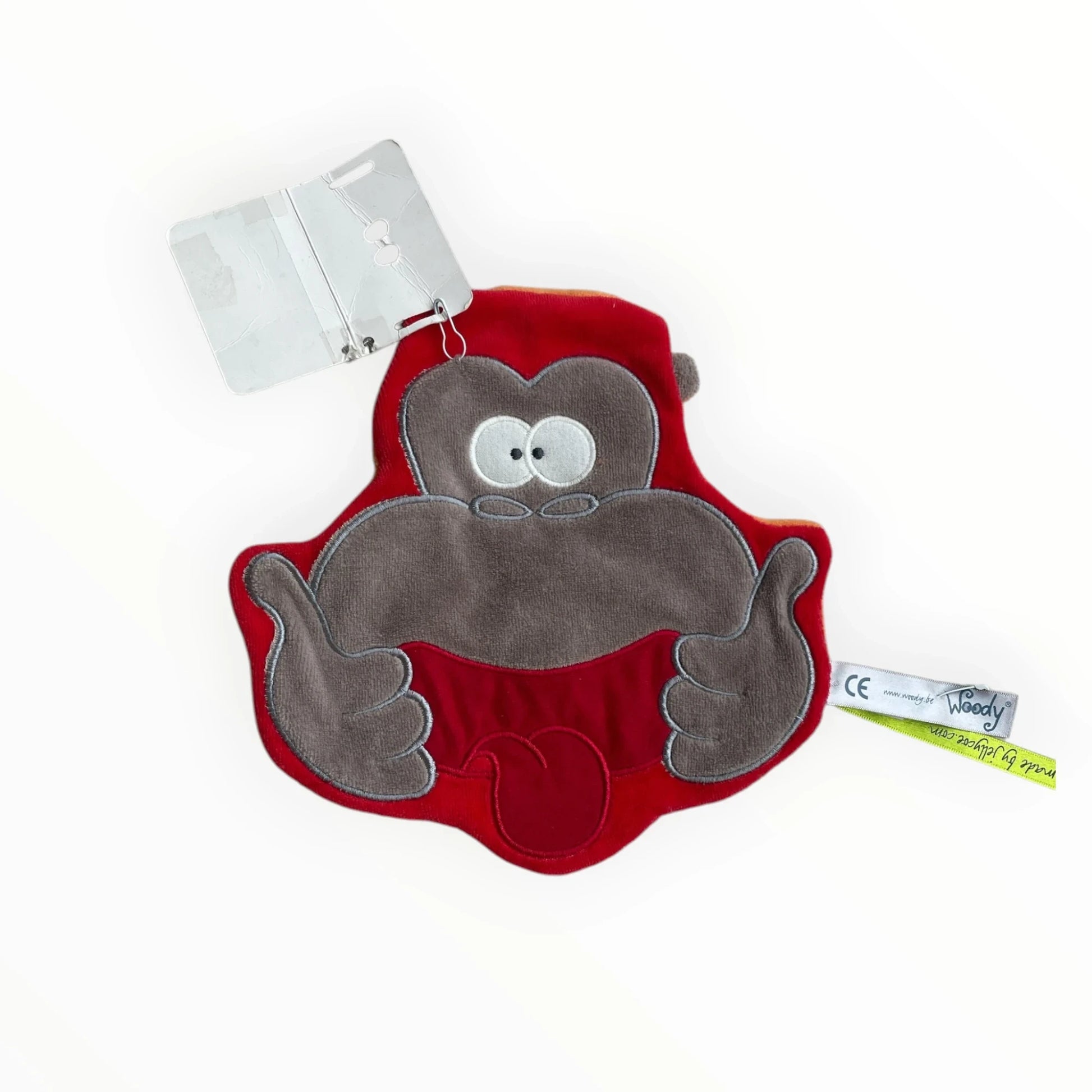Pierrot Outlet pluche aapje in rood en grijs met duimen omhoog, zacht speelgoed voor kinderen.