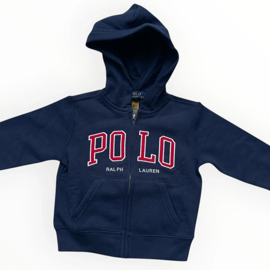 Donkerblauwe Pierrot Outlet Polo Ralph Lauren hoodie met rits, capuchon en rode opdruk op de borst voor kinderen.