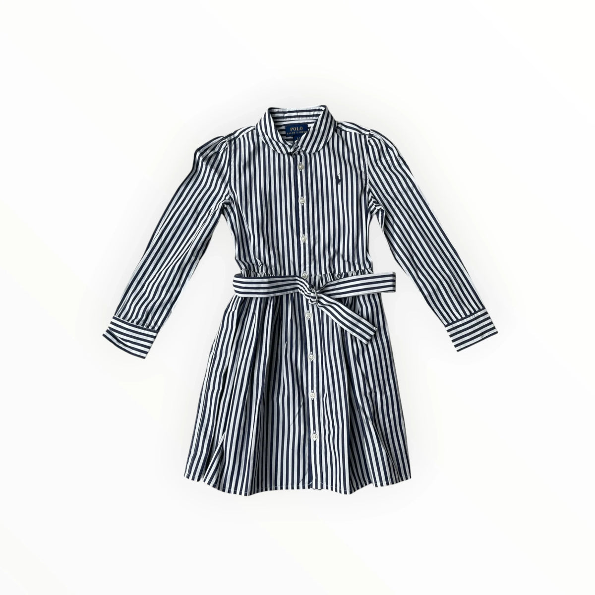 Pierrot Outlet Polo Ralph Lauren gestreepte katoenen overhemdjurk met ceintuur en pofmouwen in blauw en wit