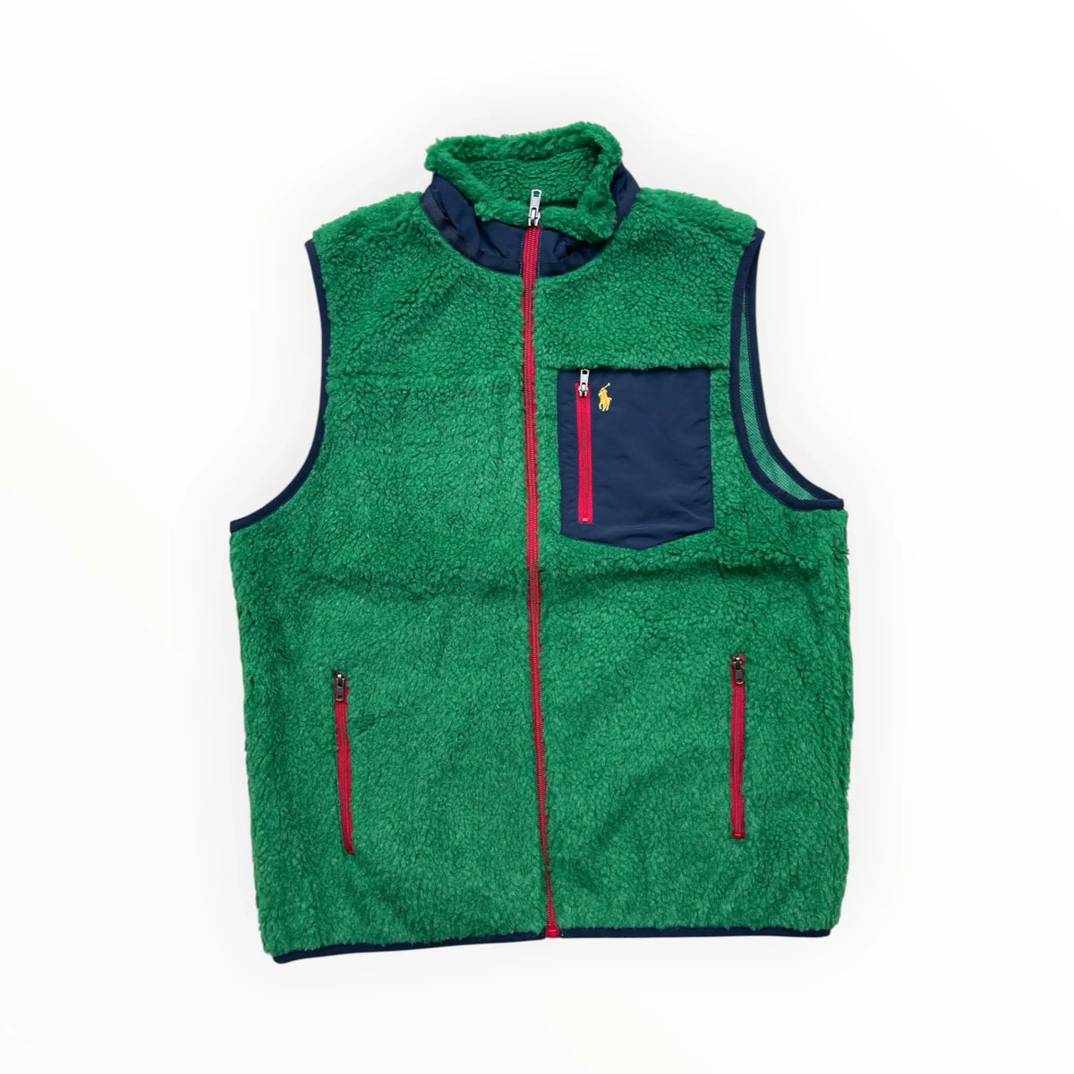 Pierrot Outlet Polo Ralph Lauren fleece bodywarmer in groen met donkerblauwe details en ritszakken.
