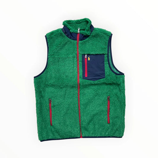 Pierrot Outlet Polo Ralph Lauren fleece bodywarmer in groen met donkerblauwe details en ritszakken.
