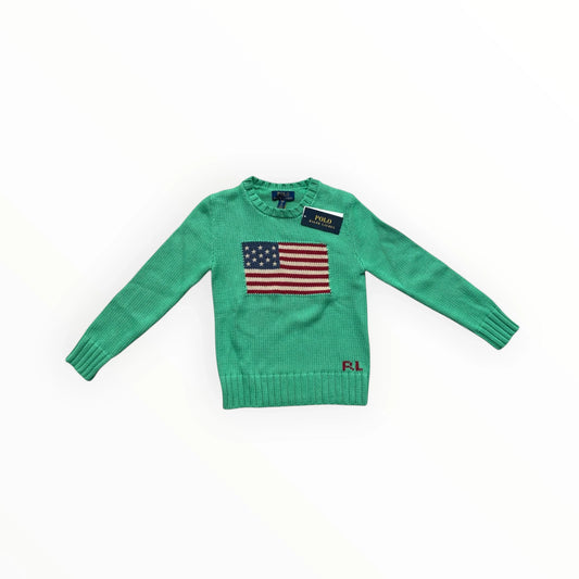 Pierrot Outlet Polo Ralph Lauren kindertrui in heldergroen gebreid katoen met Amerikaanse vlag en RL logo