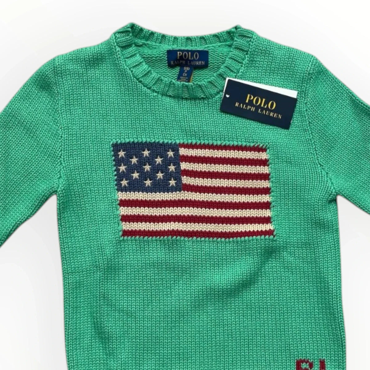 Pierrot Outlet Polo Ralph Lauren gebreide groene kindertrui met Amerikaanse vlag en ronde hals