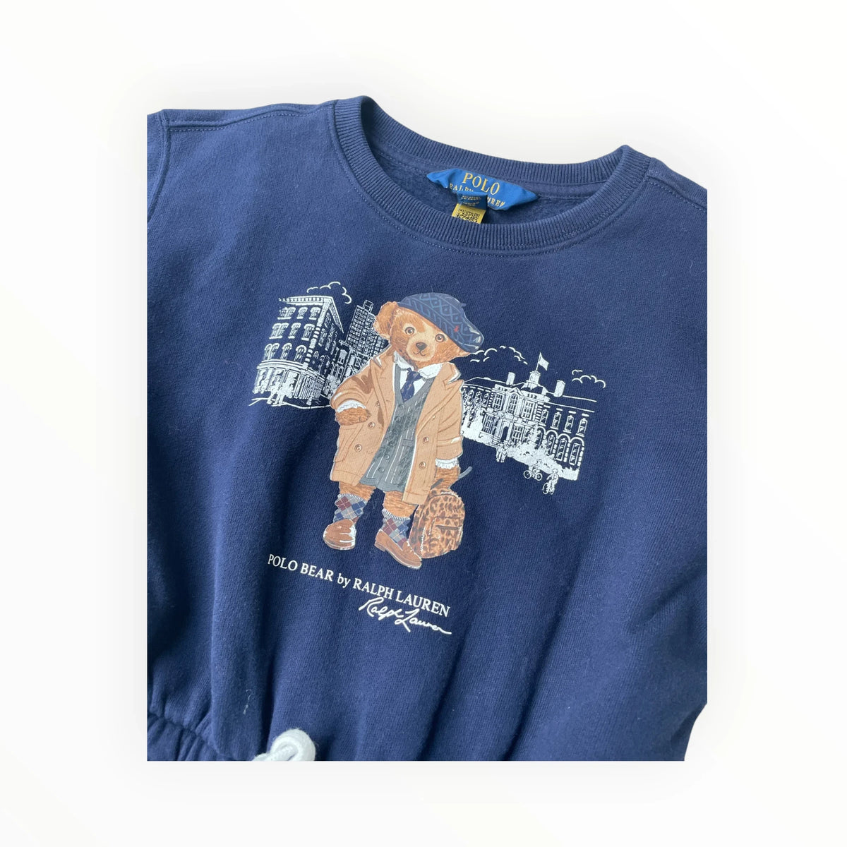 Pierrot Outlet donkerblauwe Polo Ralph Lauren jurk met lange mouwen en iconische Polo Bear print op de voorzijde