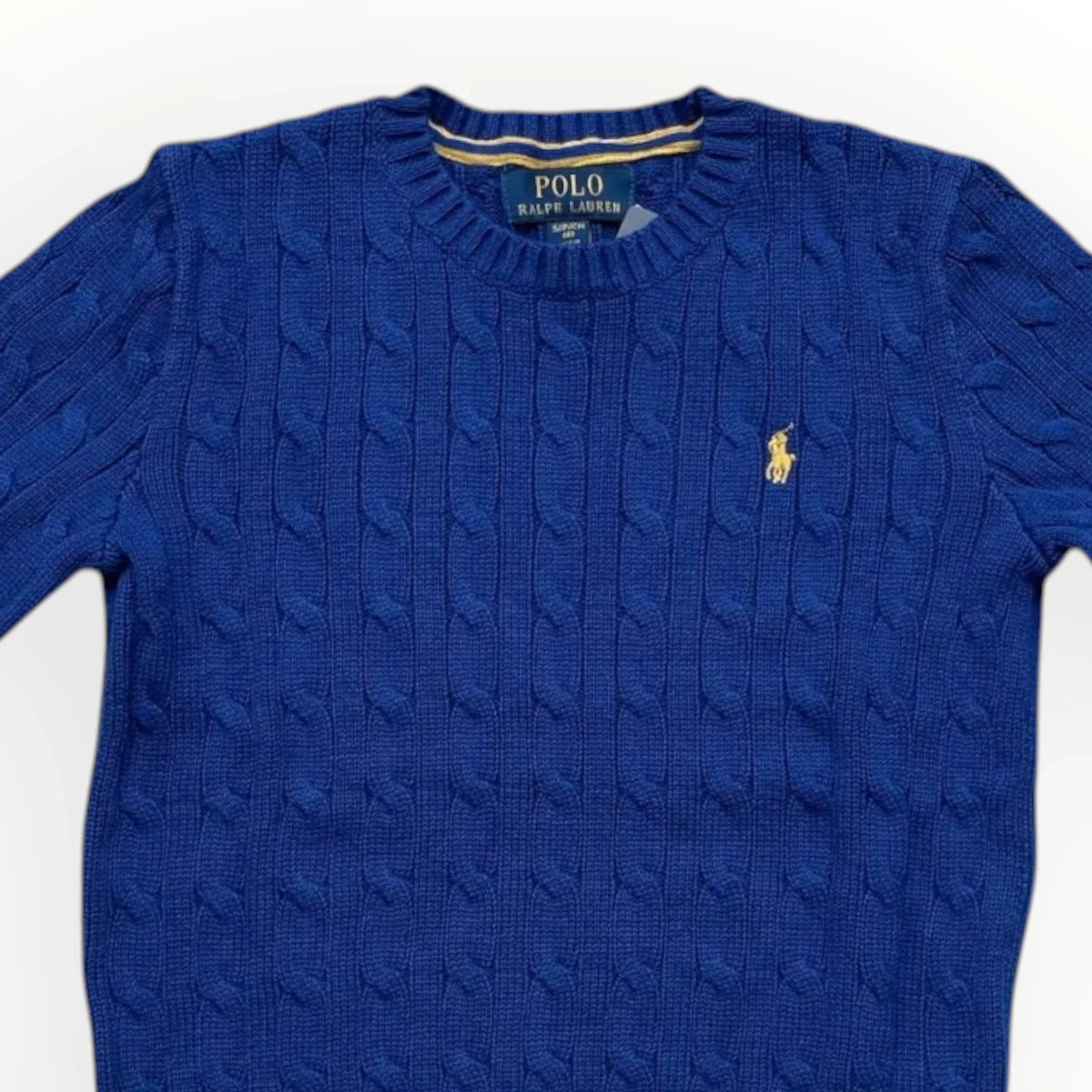 Pierrot Outlet koningsblauwe Polo Ralph Lauren kabelgebreide katoenen trui met ronde hals en geborduurd logo
