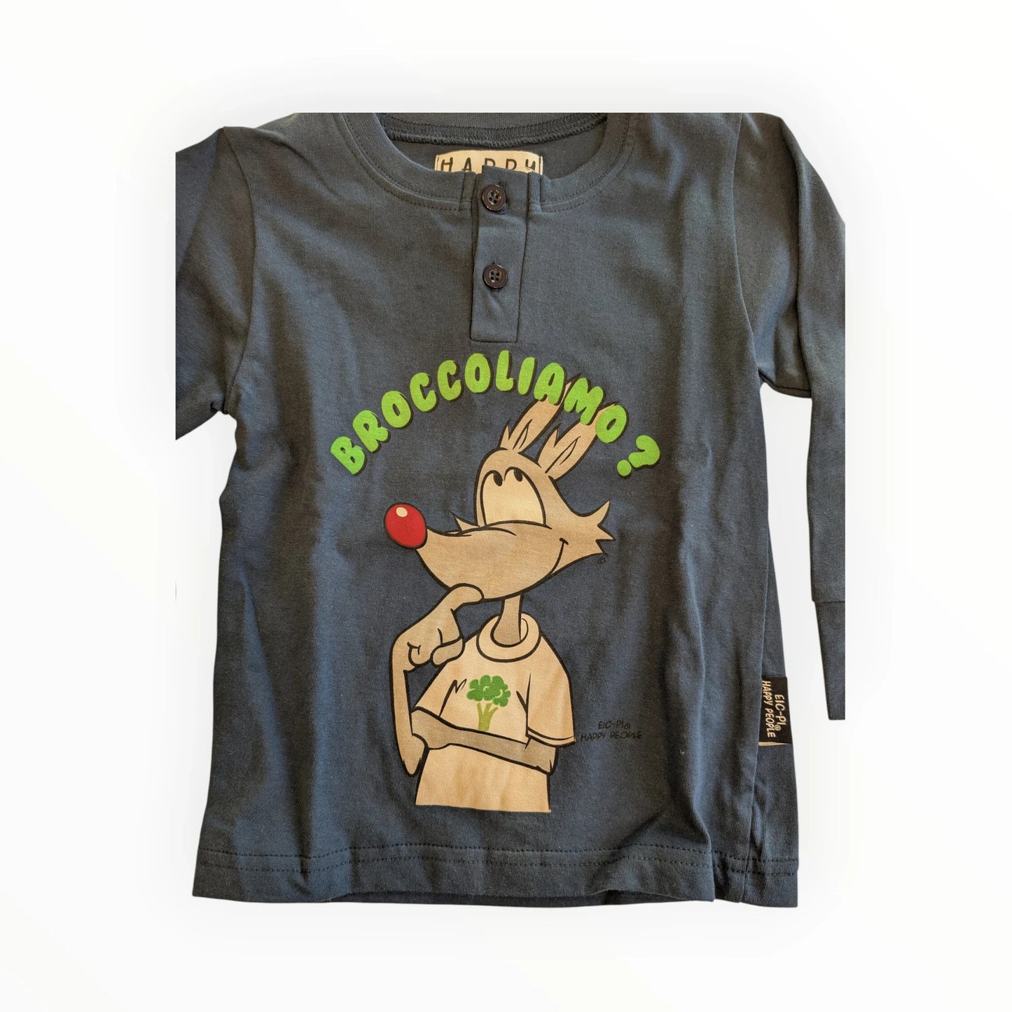 Pierrot Outlet donkergrijs katoenen pyjamashirt met lange mouwen en een vosprint met de tekst "BROCCOLIAMO?".
