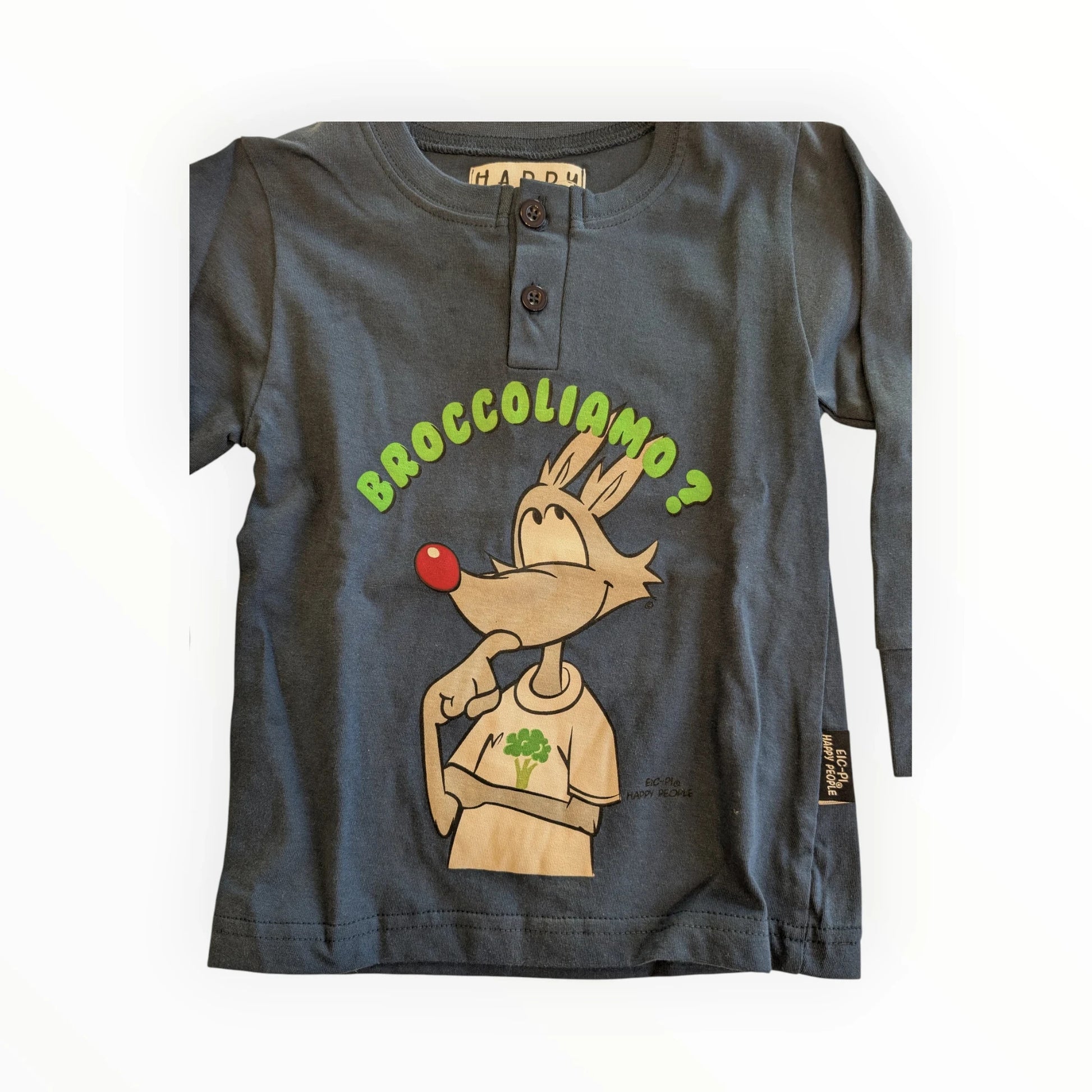 Pierrot Outlet donkergrijs katoenen pyjamashirt met lange mouwen en een vosprint met de tekst "BROCCOLIAMO?".