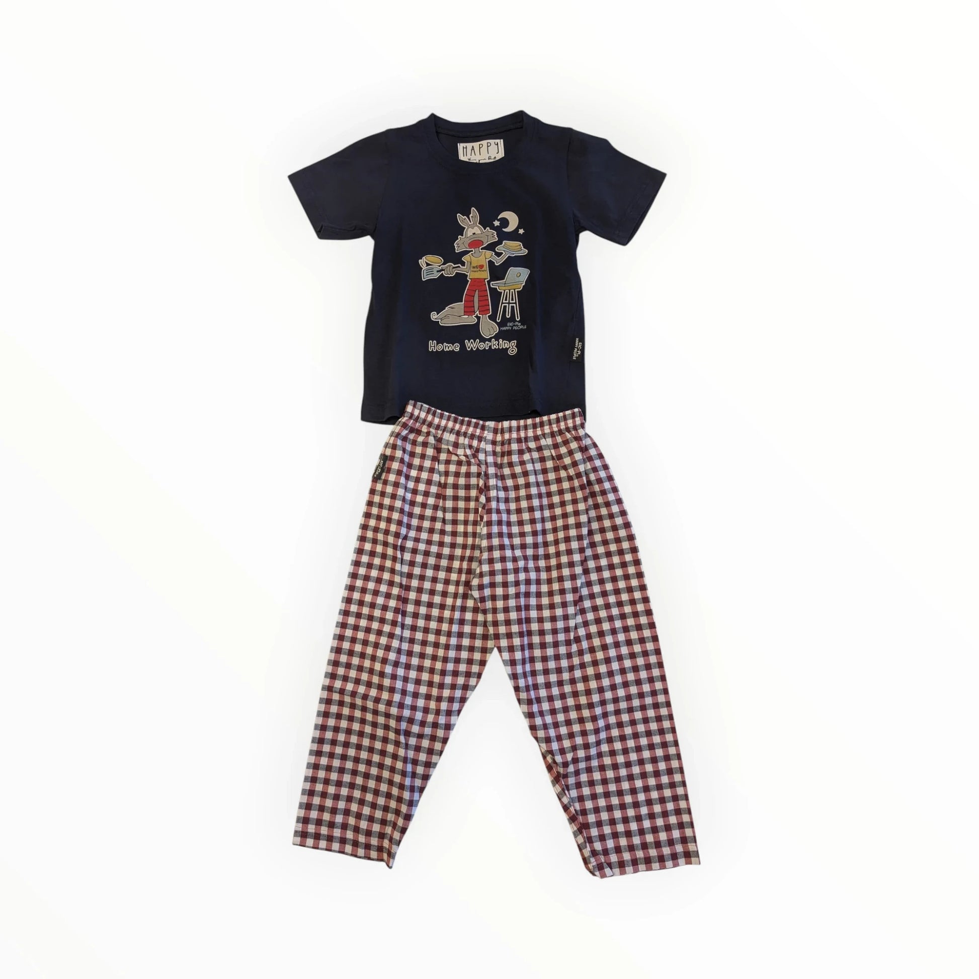 Pierrot Outlet pyjamaset met donkerblauw T-shirt met konijnenprint en geruite rode/witte broek. Comfortabel nachtkleding setje.