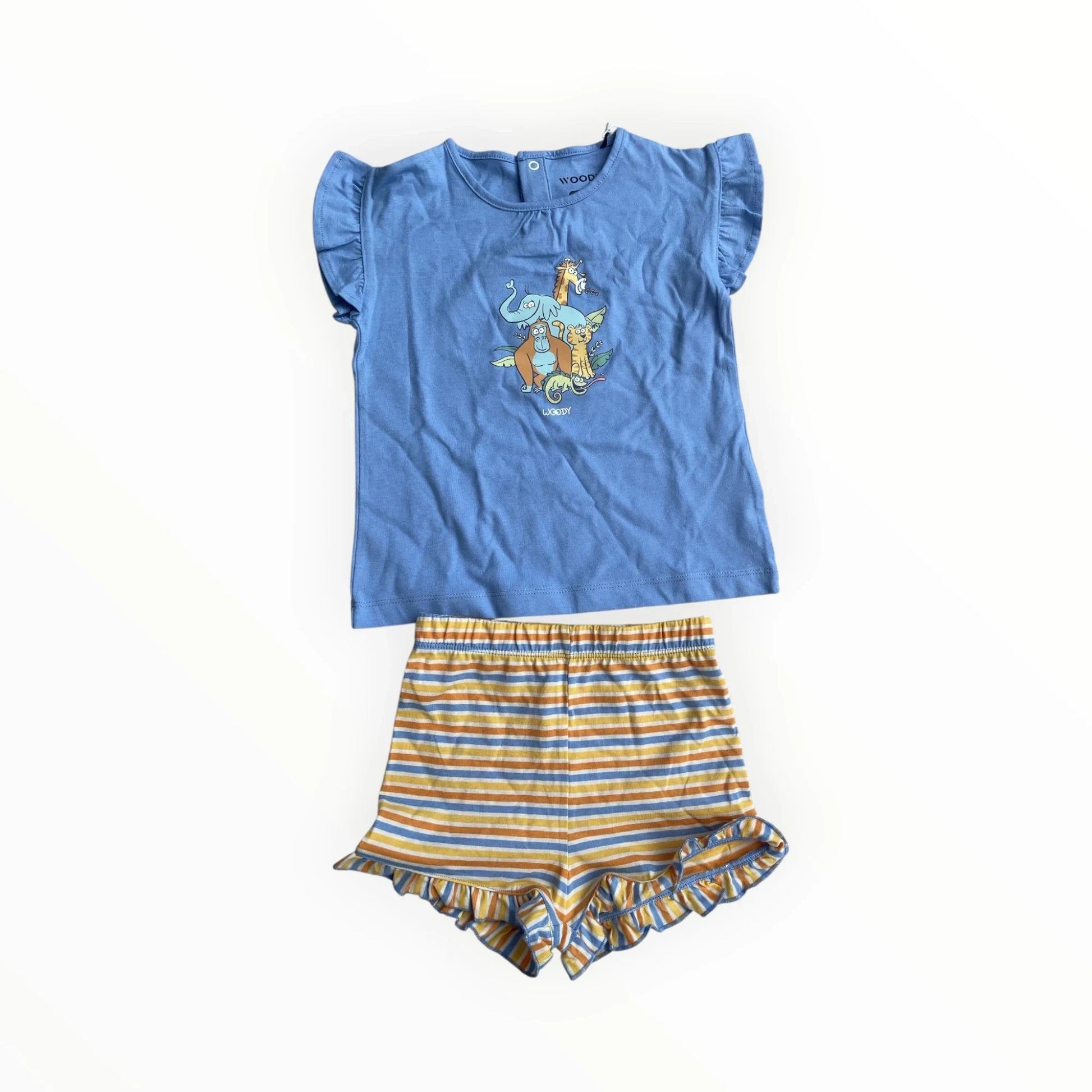 Pierrot Outlet meisjes pyjamaset met korte mouwen en gestreepte shorts. Blauw T-shirt met jungle dierenprint en pofmouwtjes. Gestreepte short met ruches.