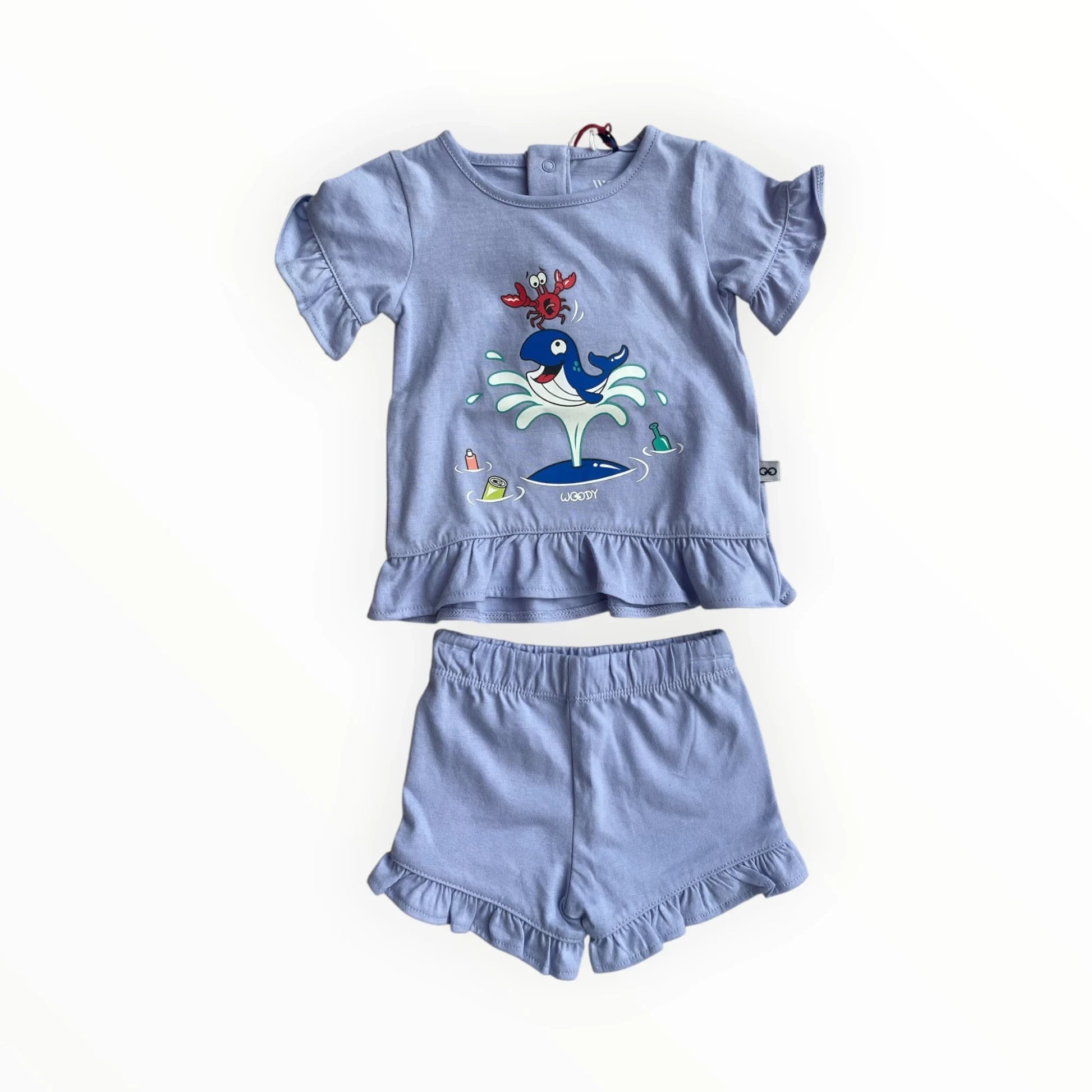 Pierrot Outlet lichtblauwe katoenen pyjamaset met walvisprint, ruches en korte broek.