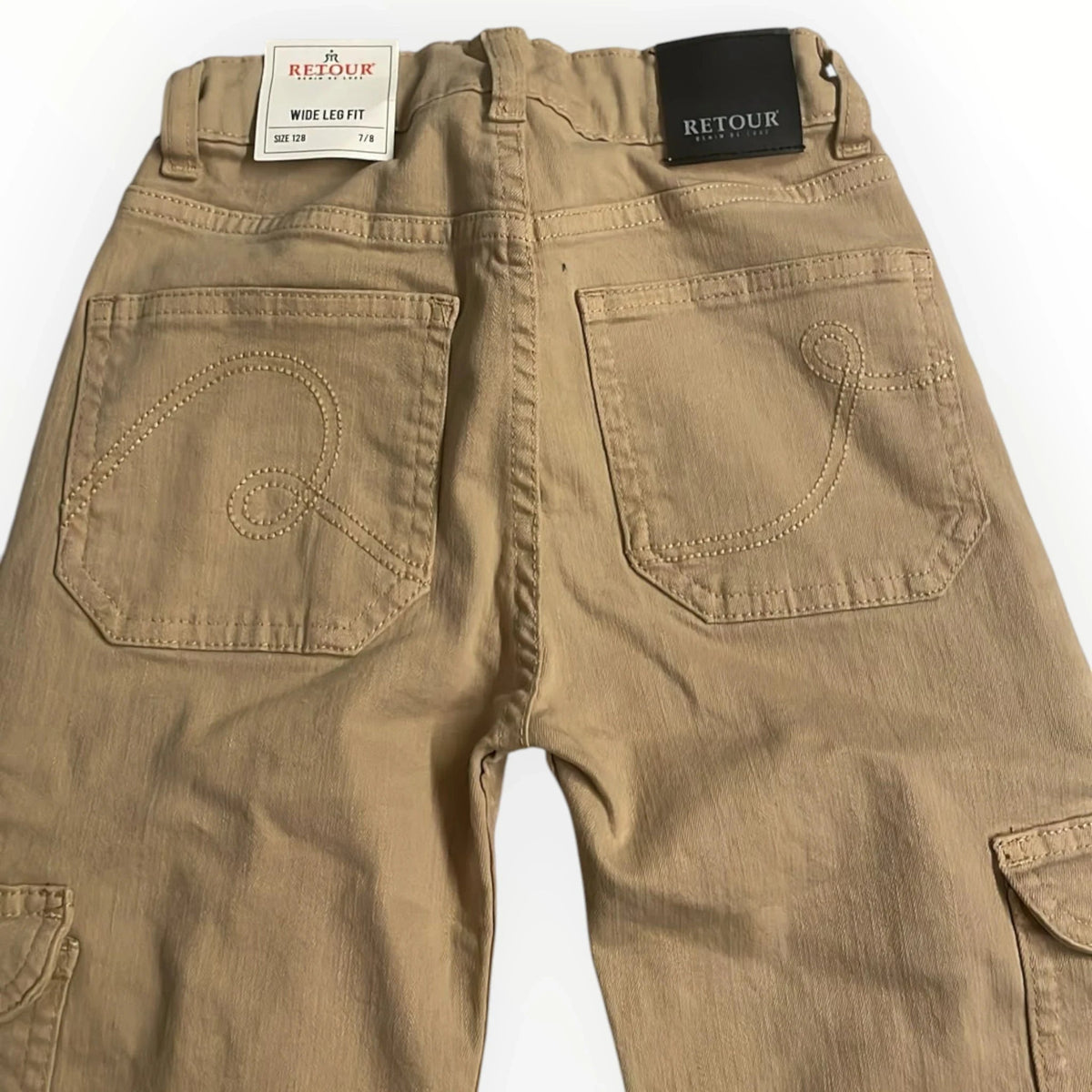 Pierrot Outlet Retour Denim beige wide leg cargobroek voor kinderen met achterzakken en decoratieve stiksels