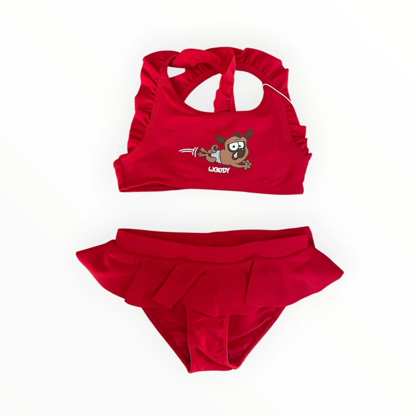 Rode Pierrot Outlet bikini voor kinderen met Woody-opdruk, ruches en gekruiste bandjes voor optimaal zwemplezier.