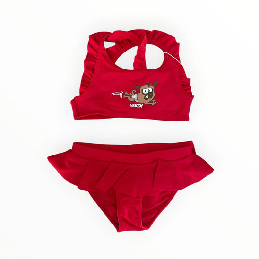 Rode Pierrot Outlet bikini voor kinderen met Woody-opdruk, ruches en gekruiste bandjes voor optimaal zwemplezier.