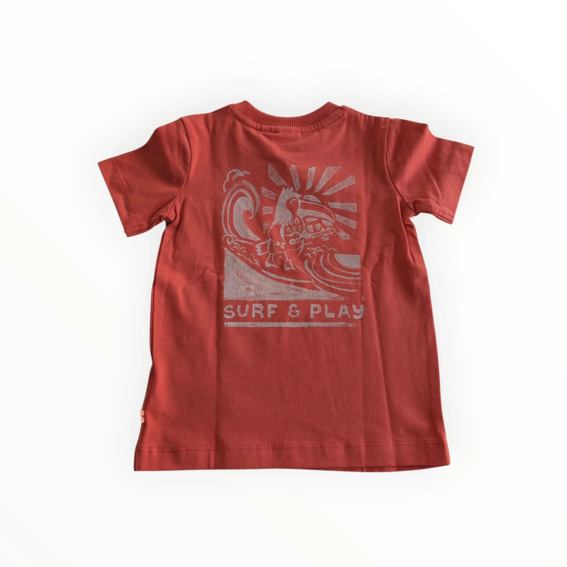 Pierrot Outlet roestbruin katoenen T-shirt met korte mouwen en surfprint op de achterkant.