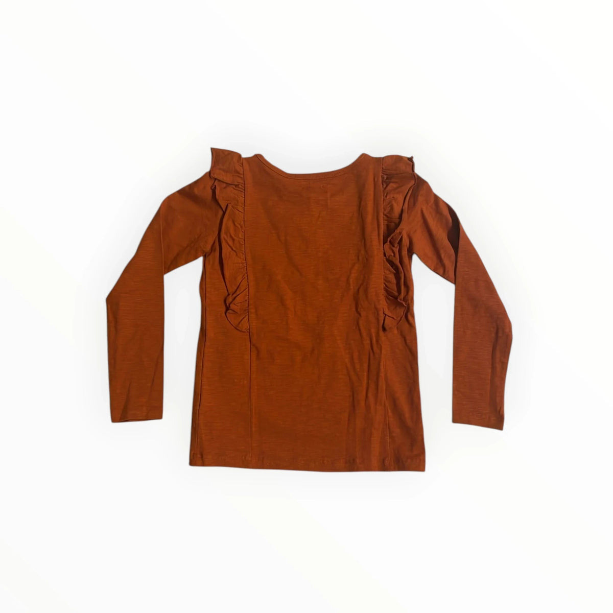 Pierrot Outlet roestbruin damesshirt met lange mouwen en verfijnde ruches langs de schouders